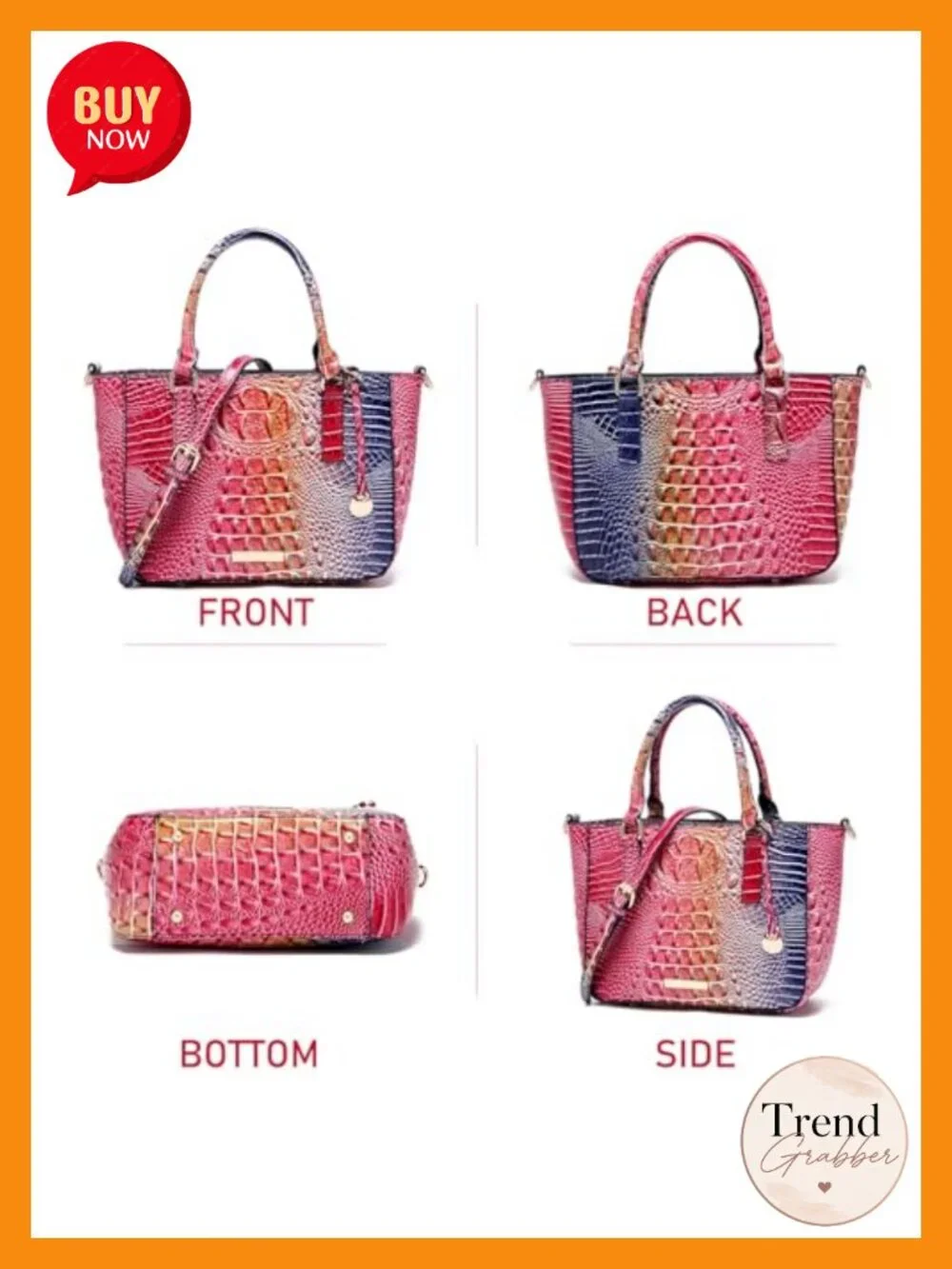 Faux Leather Crocodile Embossed Zip Satchel Tote Crossbody Bag